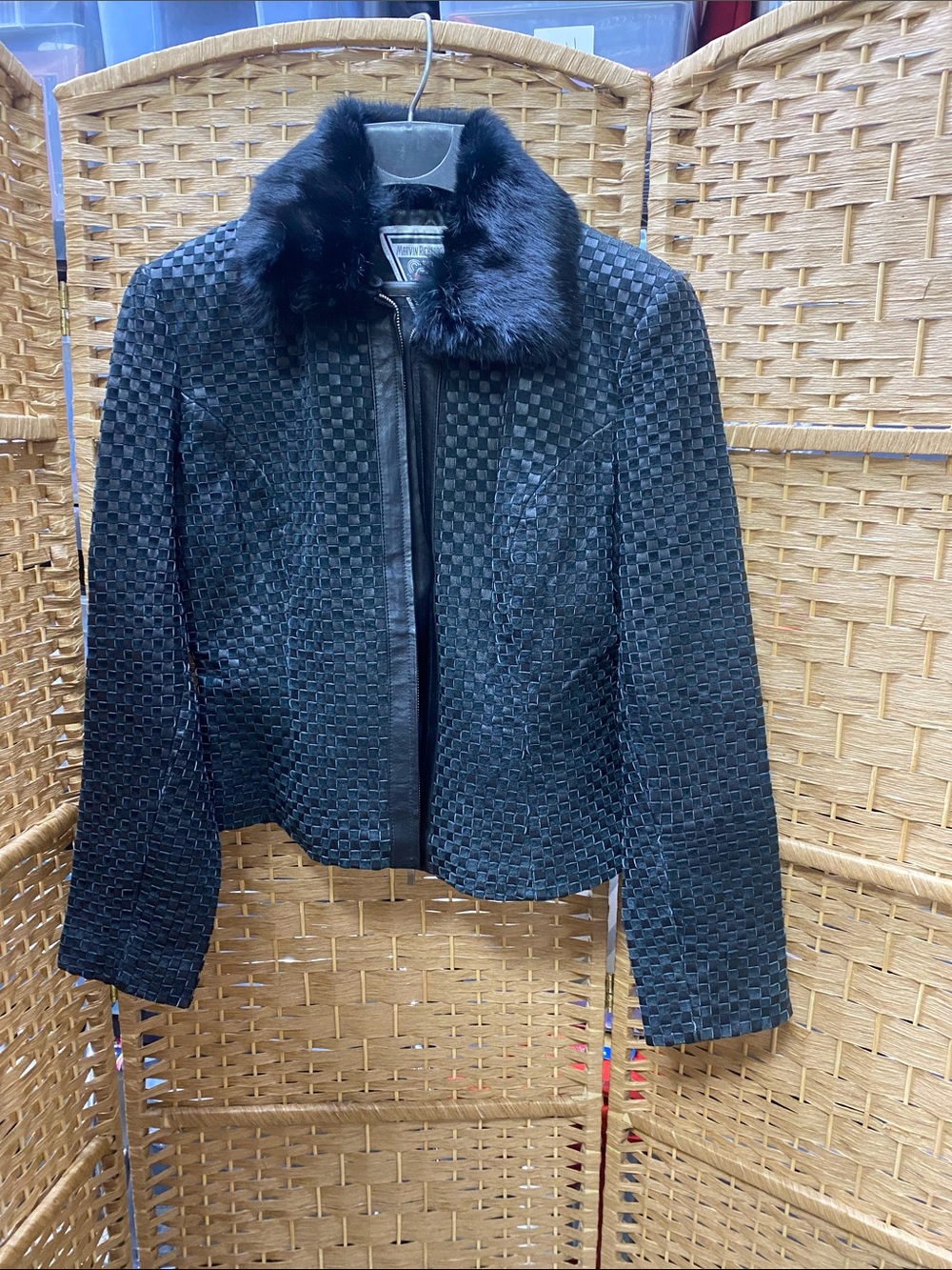 Women's Black Textured Leather Jacket with Faux Fur Collar